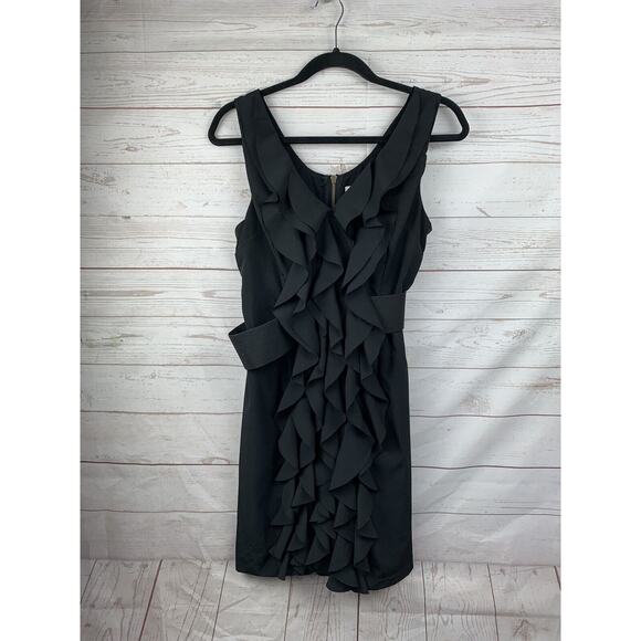 Alythea Dress Womens Medium Black Ruffle Front Black Belted‎ Waist Zip Back LBD - Picture 1 of 5